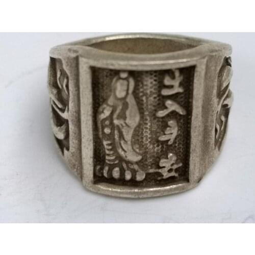 YIZHU CULTUER ART Collection Chinese Tibet Silver Carving Avalokitesvara Ring Wonderful Decoration