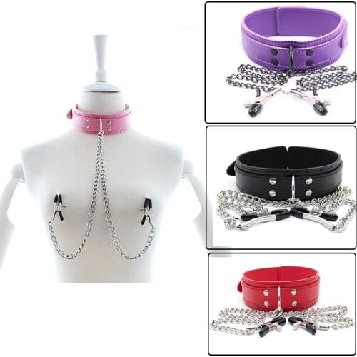 Leather PU BDSM Bondage Restraint Fetish Collar Chain With Nipple Clamps Bondage Sex Toys For Women Exotic Adult Accessories