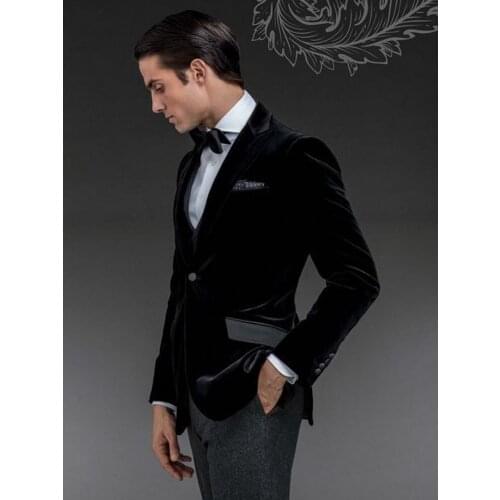 Handsome Black Velvet Groom Tuxedos Customize Mens Evening Dress Toast Suit Party Blazer Clothes (Jacket+Pants+Vest+Tie) NO:089