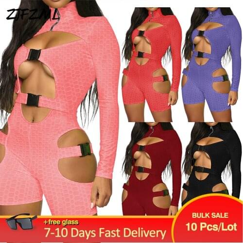 Bulk Items Wholesale Lots Moto & Biker Cycling Hollow Slim Jumpsuit Casual Simple Buckle Zipper Front Bodycon Bandage Outfits