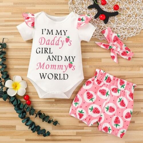 Newborn Infant Baby Girls Summer Letter Romper+Floral Shorts+Headbands Outfits Baby Girl Clothes Ropa