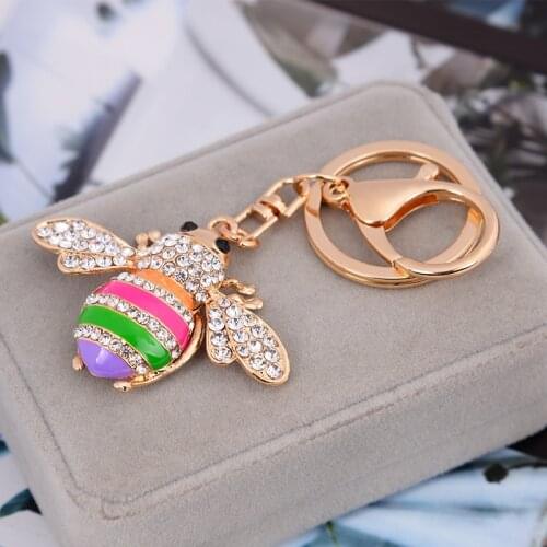 Cute Rhinestone-Crystal Bee Honeybee Pendants Car KeyChain Ring Holder rainbow Enamel-Insect key chains handbag charms Gift