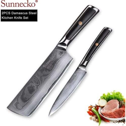 SUNNECKO 2PCS Kitchen Knife Set Japanese Damascus VG10 Steel Razor Sharp Blade G10 Handle Cleaver Utility Meat Cutting Tools