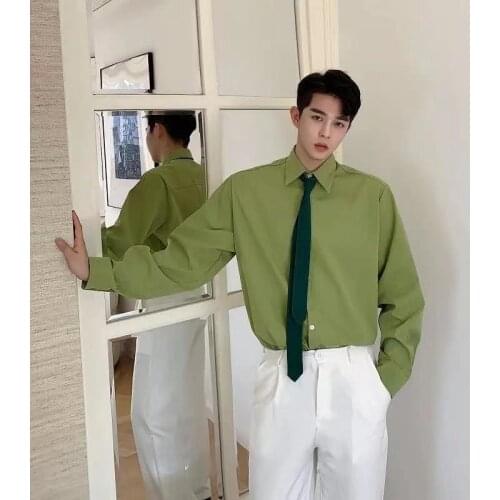 Send Tie Mens Top Casual Green Color Shirts Fashionable Long Sleeve Shirt Loose Lapel Collar Clothes Camisa Masculina M-2XL