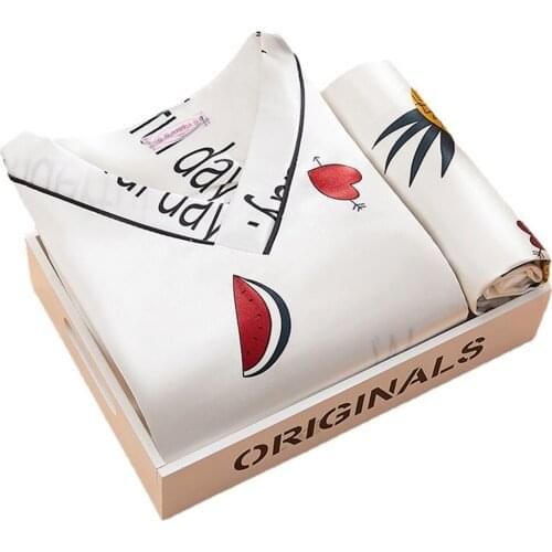 Womens Summer Pajamas Set Satin Two-piece Shorts Sleepwear V Neck Design Fruit Print Nightwear Suit Homewear Femme Pijama Mujer