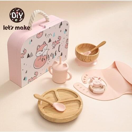 Lets make Gift Set Silicone Childrens Tableware Dinner Set Plates Feeding Dishes Plates Sippy Cup Pacifier Holder Teether Toy
