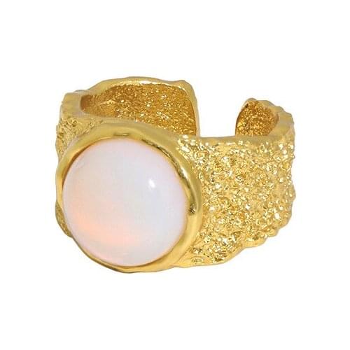 Authentic 925 Sterling Silver FINE Jewelry White/Gold concave-convex molten & Round Opal Ring Adjust TLJ1525