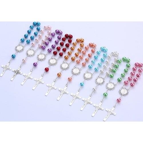 Catholic Religious Rosary Jesus Charm Bracelets Cross Bless Colorful Imitation Pearl Accessories Rosary Kids Baptism Link Chains