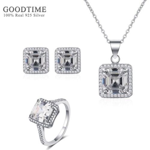 Luxury 925 Sterling Silver Bridal Jewelry Sets For Women Square Zircon Necklace Earrings Ring Set Accessories Gift For Girl