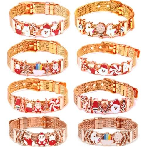 Christmas Series Stainless Steel Belt Mesh Bracelets For Women Santa Claus Charm Keeper Bracelet Bangle Xmas Jewelry Gift