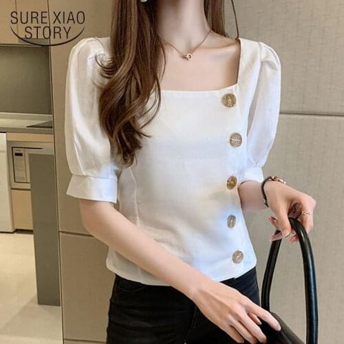 2020 Vintage Linen Cotton Shirt Womens Blouses Korean Slim Ropa De Mujer Puff Sleeve Solid Button Shirts Short Sleeve Top 9637