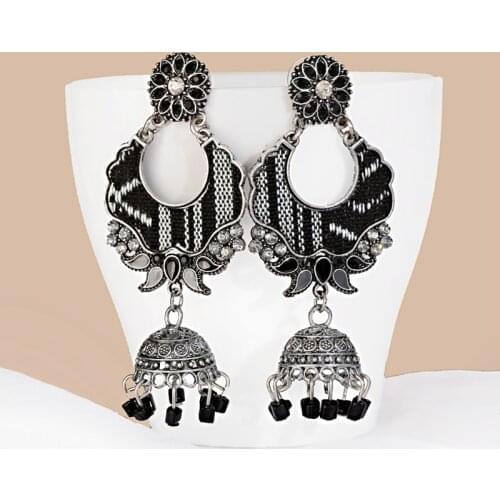Vintage Ethnic Flower Black Fabric Indian Ladies Earrings Bohemian Handmade Gypsy Silver Color Alloy Earrings Fashion Jewelry