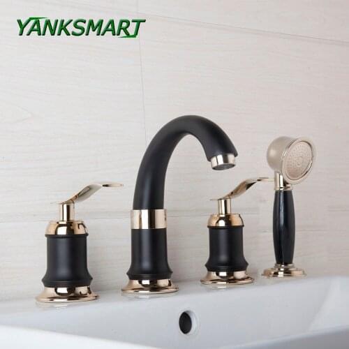 YANKSMART Bathroom 4 Pcs Bathtub Black & Gold Paint Finished With Hand Sprayer Golden Shower Set