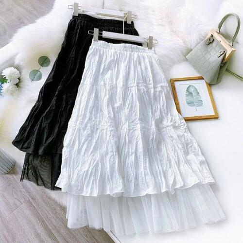A-Line Skirt Women 2020 Spring Summer Tulle Skirts Embroidery Lace Long Mesh Skirt Slim Elastic High Waist Pleated Midi Skirts