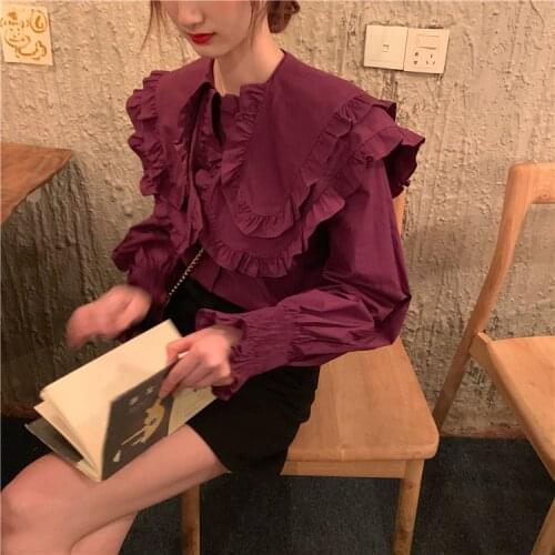 Women Shirts Wine Red Spring Autumn French Elegant Vintage Temperament Femme Palace Style Peter Pan Collar Long Sleeve Blouses