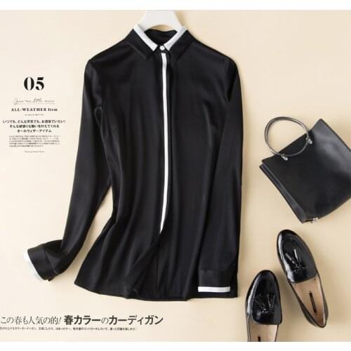 2019 New Women 95% Silk Shirts Long Sleeves White and Black Splicing Tee OL Silk Shirts Luxury Shirts Temperament T-shirt