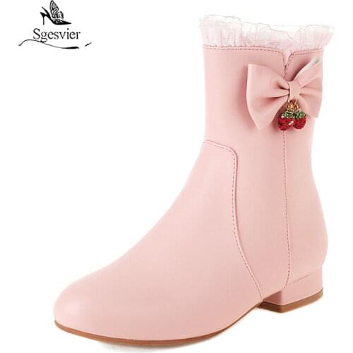 Sgesvier 2021 Fashion Wedding Party Ladies Thick Heel Ankle Boots Bowtie Design Black White Pink Zipper Winter Bride Shoes Woman