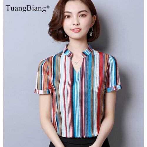 Ladies 2020 Summer chiffon V-Neck Shirts Women Short sleeve star Blouse feminine camisa New clothes Rainbow stripes elegant Tops