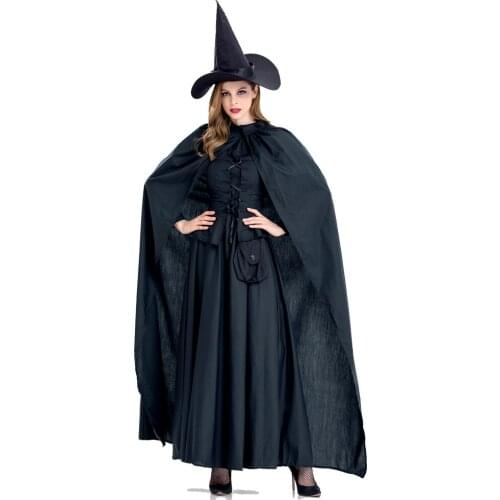 Adult Women Halloween Witch Gothic Costume Long Robe Dress Black Cosplay Vintage Cloak Fancy Outfit For Girls S-XL Plus Size