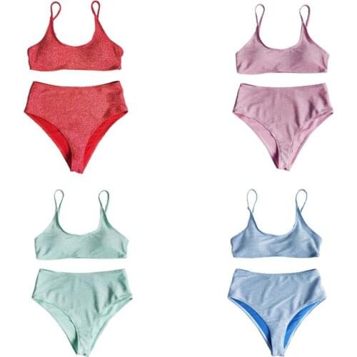 Women Sexy 2 Piece Bikini Set Shiny Shimmer Solid Color Push Up Padded Swimsuit High Waisted Tummy Control Bathing Suit