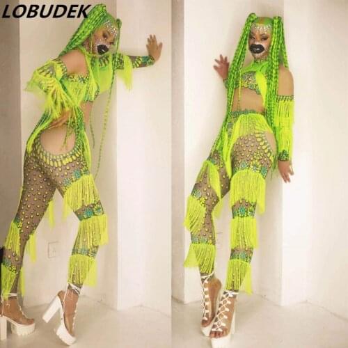 Female Stage Performance Fringe Jumpsuit Fluorescent Green Bodysuit Dance Costume Nightclub Bar DJ Singer Dancer Sexy Stage Wear