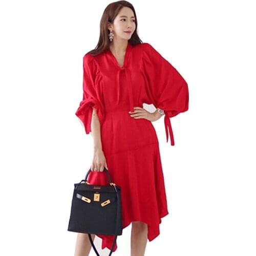 V Neck Long Puff Sleeve Red Black Womens Dress Sexy Party Casual Office Ladies Dress Autumn 2019 Asymmetrical Dresses Vestidos