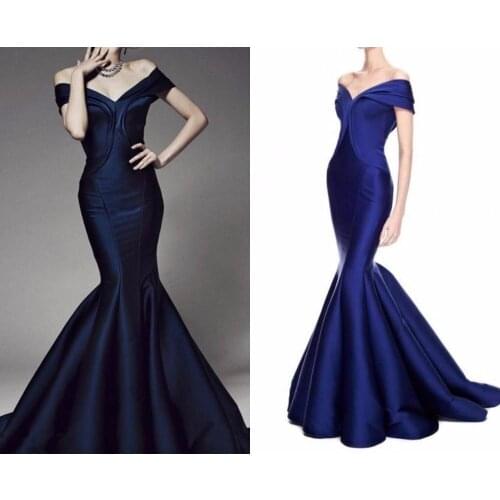 Sexy V Neck Mermaid Evening Gown Fashion Vestidos Dark Navy Blue Floor Length Wedding Party Dress Robe De Soiree