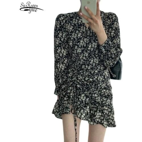 Spring 2021 New Vintage Dress Women Floral Print Dress Chic Drawstring Dresses V-neck Long Sleeve Mimi Dresses Black Beige 13571