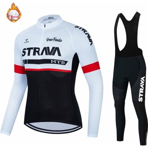 2021 STRAVA Winter Thermal Fleece Cycling Clothing MTB Ropa Ciclismo Outdoor Riding Long Sleeve Bib Pants Set Warm Bike Clothes