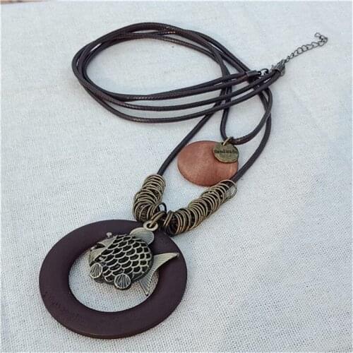 2018 New Vintage Long Necklace Fashion Handmade Jewelry Wood Rope Leather 3D Fish Design Woman Jewelry collier femme kolye
