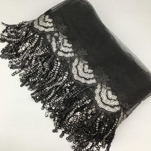 5 yards Black Voile Sliver Clouds Sequin Fabric Tassel Lace Trim Ribbon Fabric Sewing Craft For Costume Wedding Dress Decoration