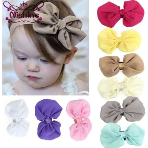 Nishine 9pcs/lot 4" Kids Headband Chiffon Bowknot Girls Headbands Solid Color Elastic Hair Band Headwear Hair Accessories