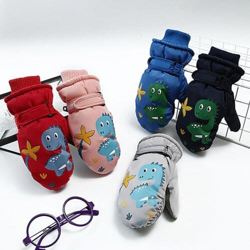 Kids Windproof Outdoor Cycling Gloves Cartoon Dinosaur Print Soft Warm Mitten Kids Snow Mittens Waterproof Skiing Breathable Air