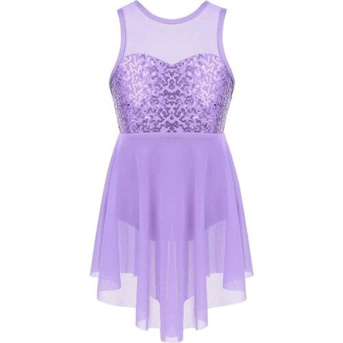 Kids Girls Lyrical Dance Costumes Sleeveless Sequins Criss-Cross Back Ballet Dress Figure Ice Skating Dress Ballroom Dance Wear