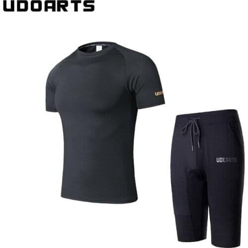 Udoarts Compression Round-Neck Shirt and Ponte Fabric Shorts With Zippers - Fitness Yoga Running Training Suit for Men