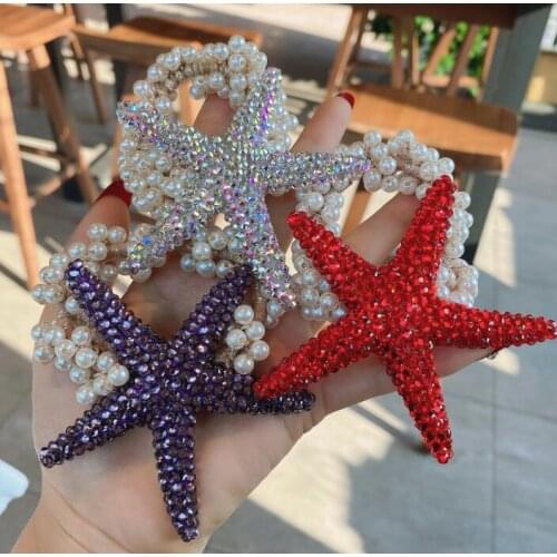 Korean super shiny starfish hair ring rhinestone pearl hair rope red star hot hair accessories