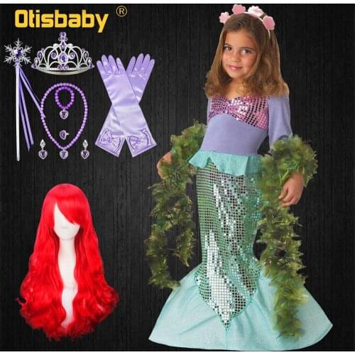 Halloween Little Mermaid Girl Princess Costume Christmas Girls Party Ariel Dress Kids Fancy Sequined Dress Mermaid Wig Children