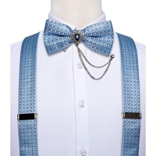 Mens Suspender 6 Clips Braces Y Shape Silk Suspenders Bow Tie Brooch Pocket Square Set Wedding Party Men Accessories DiBanGu