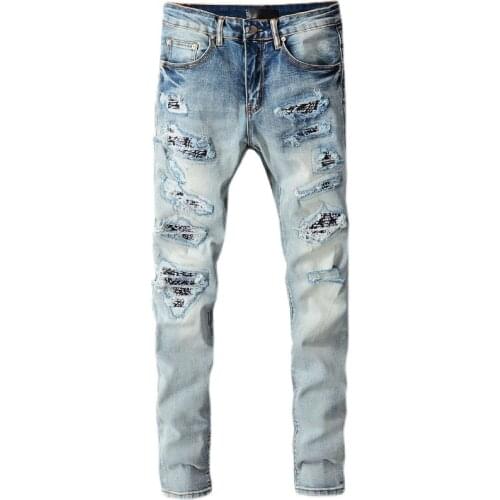 New 2021 new mens male fashion casual light color ripped patch jeans high street style stretch slim denim pants for men 677