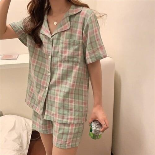 2021 New Japan&Korea Style Grid Pajamas Set Sweet&Lovely Summer Short Sleeved Sleepwear Womens Loose Casual Nightwear Homewear