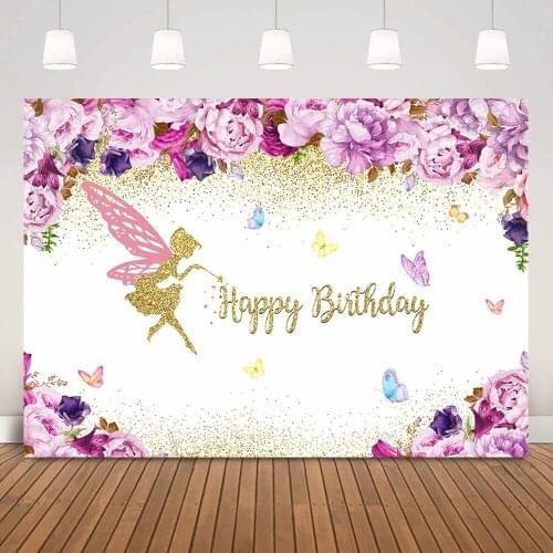 Newborn Elves Happy Birthday Backdrop for Party Banner Butterfly Princess Birthday Background Pink Watercolor Flowers Golden Dot