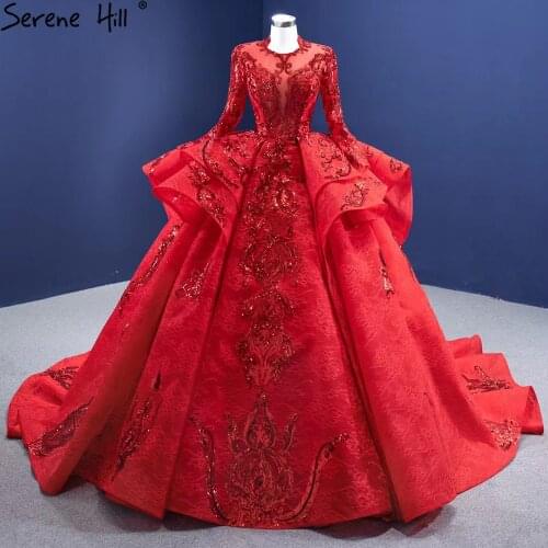 Serene Hill Muslim Sparkle Red Wedding Dresses 2021 Ruched Lace Luxury Bride Gowns HM67298 Custom Made