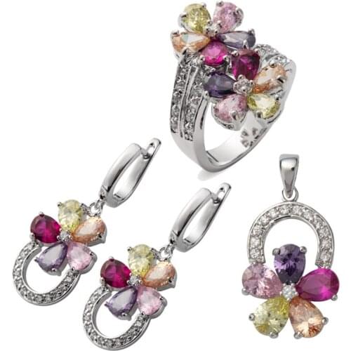 SHUNXUNZE wedding jewelry sets flower (ring/earring/pendant) Pink Purple Morganite Peridot Cubic Zirconia Rhodium Plated R504set