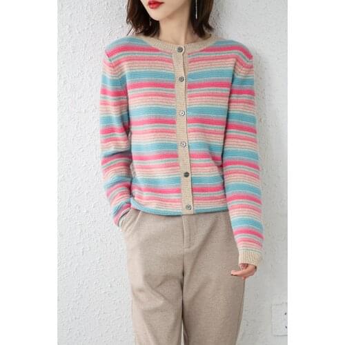 New O-neck Stripe Sweater Women Slim Thick Cashmere Cardigan 100% Pure Wool Sweater Warm Free Shipping Knit Bottoming Coat