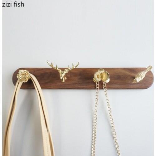 Walnut Solid Wood Brass Hook Hangers Wall Hanging Storage Rack Key Decorative Hooks Wall Hook Organizer Decoration Accessories