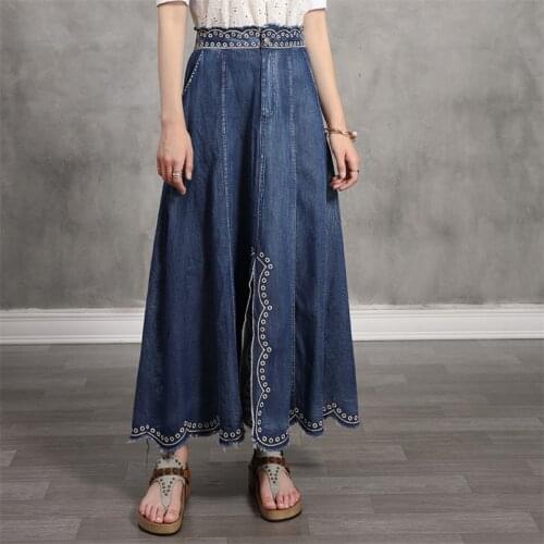 Cotton Womens Embroidery Skirt 2020 Vintage Denim Women A line Skirts Patch Pocket Saias K2233 Long Girls Patchwork Skirt