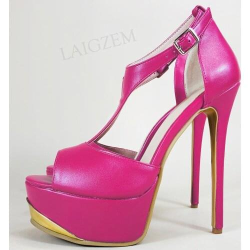 LAIGZEM Women Platform Sandals T Straps Faux Leather Peep Toe Pumps 2021 Ladies Stiletto High Heels Shoes Woman Size 41 44 47 52