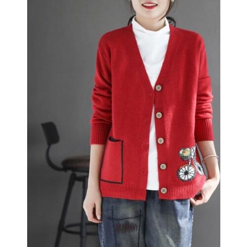 PEONFLY 2021 Korean Sweater Women Cardigan Loose Casual V-Neck Woman Buttons Embroidery Cardigans Sweater Long Sleeve