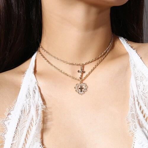 Elegant Multilayer Choker Necklace for Women Gold Color Chain Hollow Heart Cross Pendant Necklaces Bohemia Jewelry Gift 2018