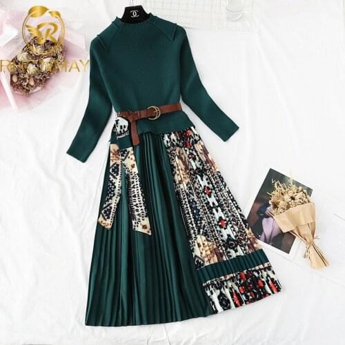 Elegnat Womens Knitted Patchwork Printing Pleated Dress Autumn Fashion Long Sleeve O Neck Belt Midi Dresses